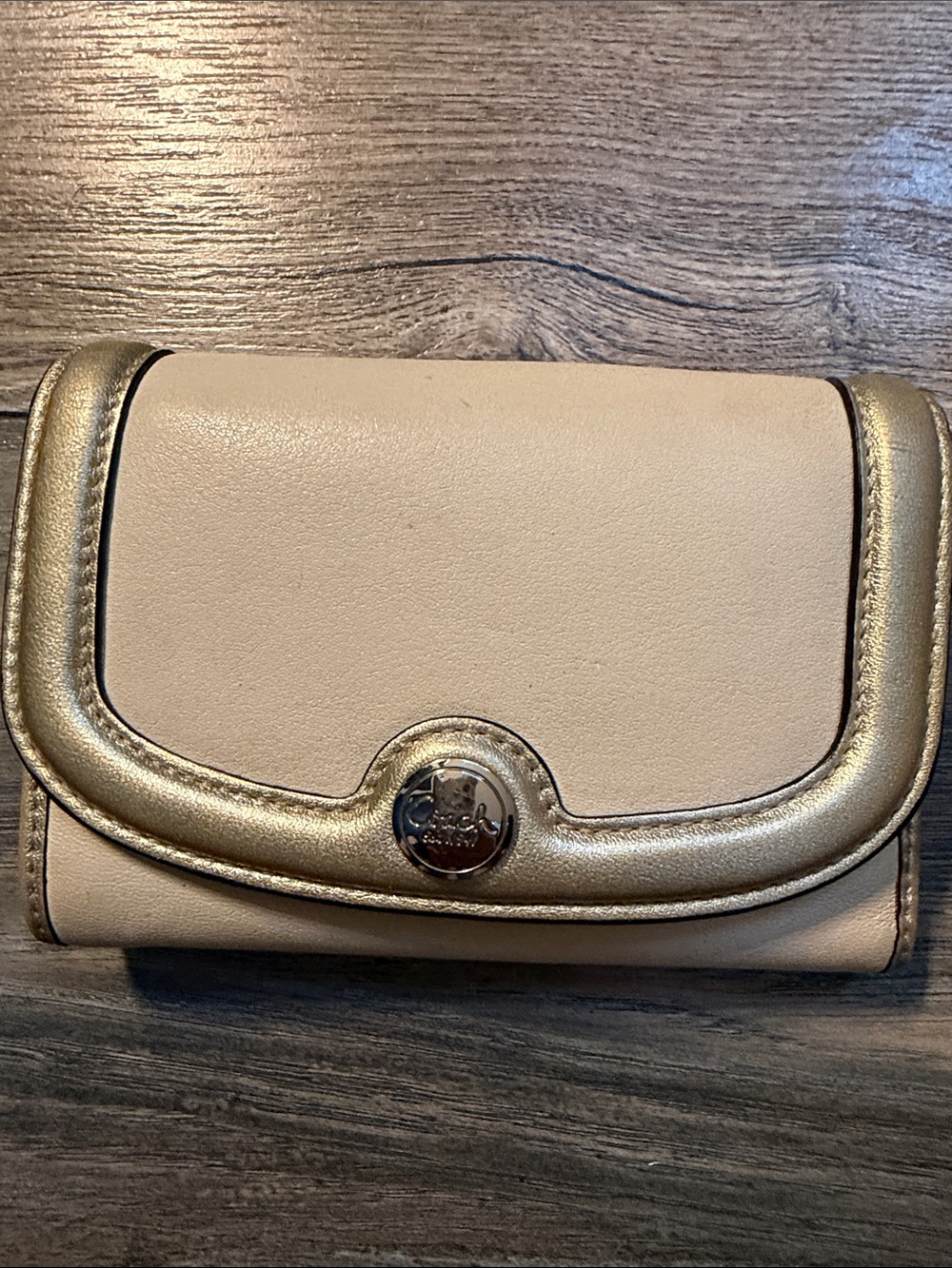 Coach Beige Leather Wallet with Metallic Gold Trim